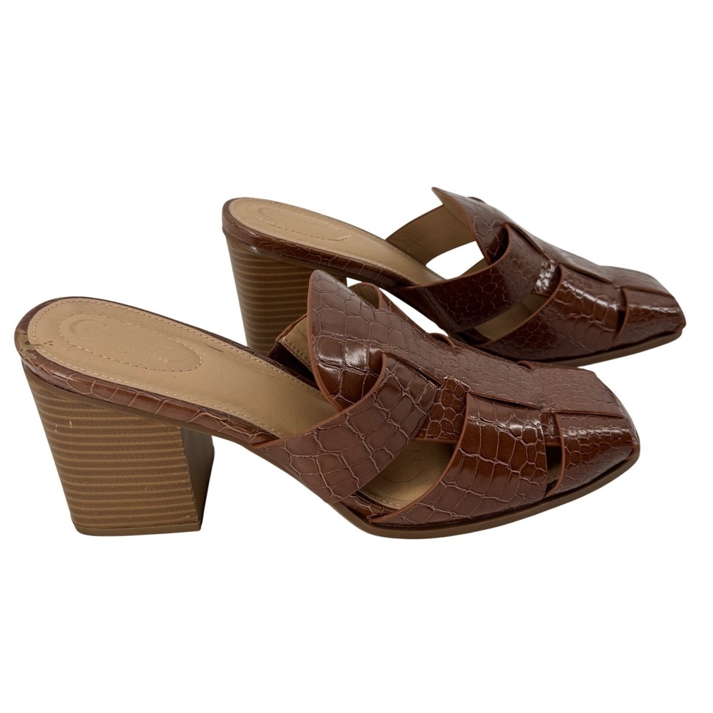 Comfort Womens Brown Croc Embossed Square Toe Block Heel Mules 11 Church‎ Office